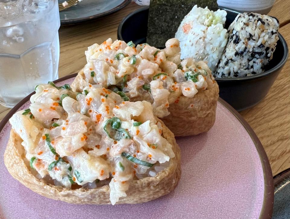 The inari with shrimp, masago, sushi rice and tofu skin at Kisser in East Nashville on June 2, 2023