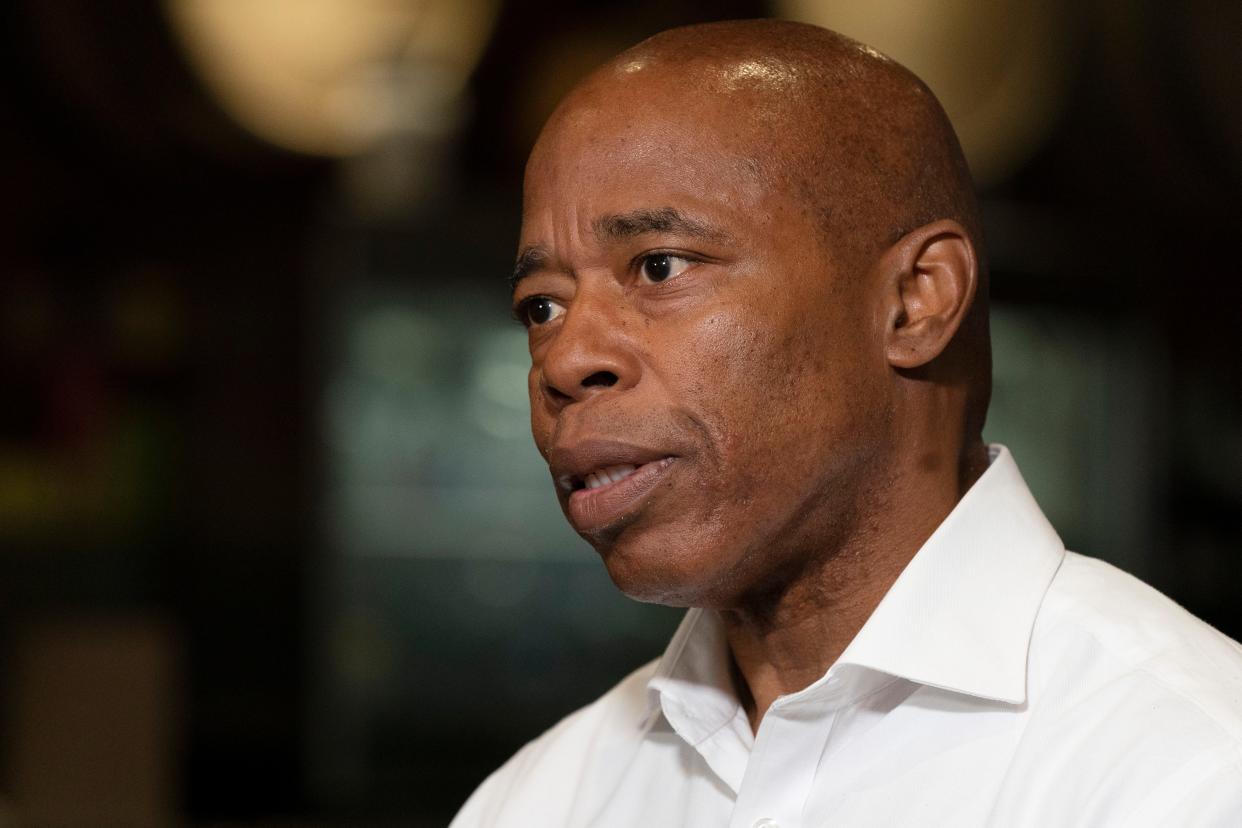 Eric Adams, the Democratic candidate for New York mayor, speaks during an interview at a Brooklyn diner, Wednesday, Aug. 4, in New York. 