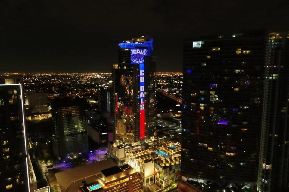 The 700-foot Paramount Miami Worldcenter ignited Florida Atlantic University colors in honor of the team’s Final Four competition in the the NCAA National Basketball Championship. The light show was set to run March 30 to April 1, 2023.