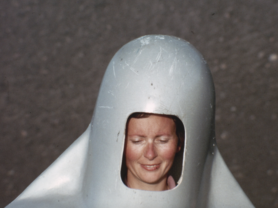 Scientist Katia Krafft outfitted in a suit meant to protect her from an erupting volcano