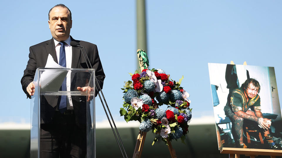 Pictured here, ARL Commission chairman Peter V'landys speaks at the Tommy Raudonikis memorial service.