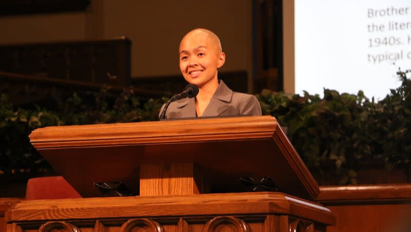 Melissa Inouye speaks during the Pioneers in Every Land lecture on July 9, 2015, in the Assembly Hall on Temple Square.