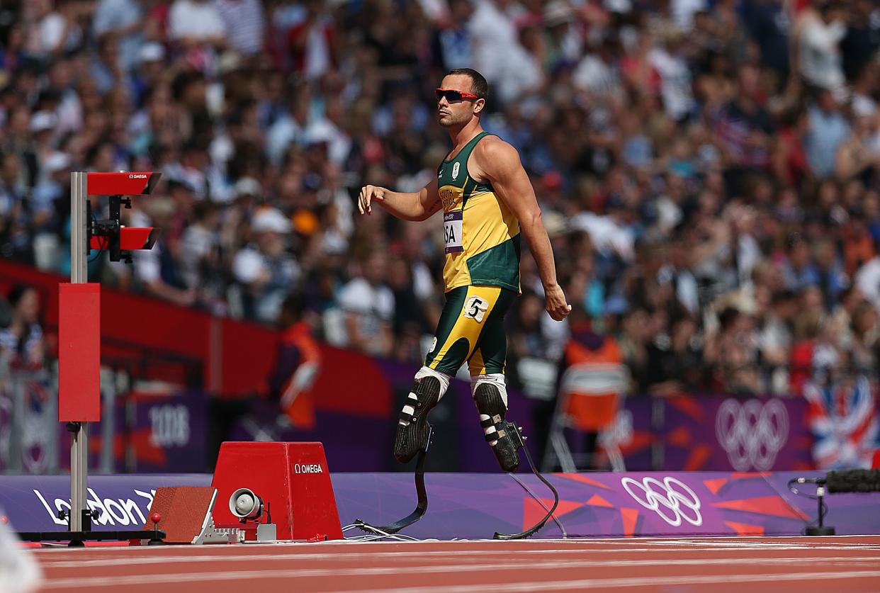 Oscar Pistorius of South Africa during the 2012 London Olympics at The Olympic Stadium on August 09, 2012 in London, England.