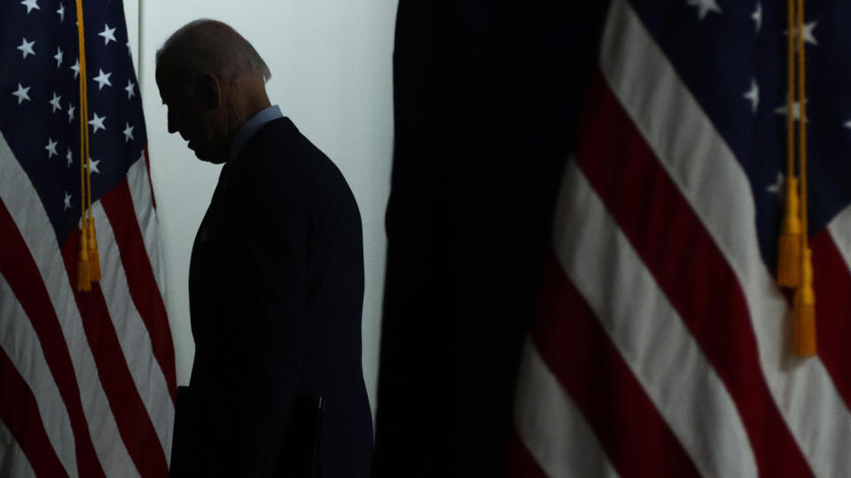 President Biden leaves after an event at the Eisenhower Executive Office Building in ApriI. (Alex Wong/Getty Images)