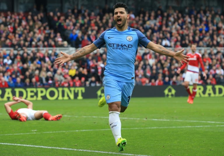 Manchester City's Sergio Aguero celebrates after scoring their second goal during their match against Middlesbrough on March 11, 2017