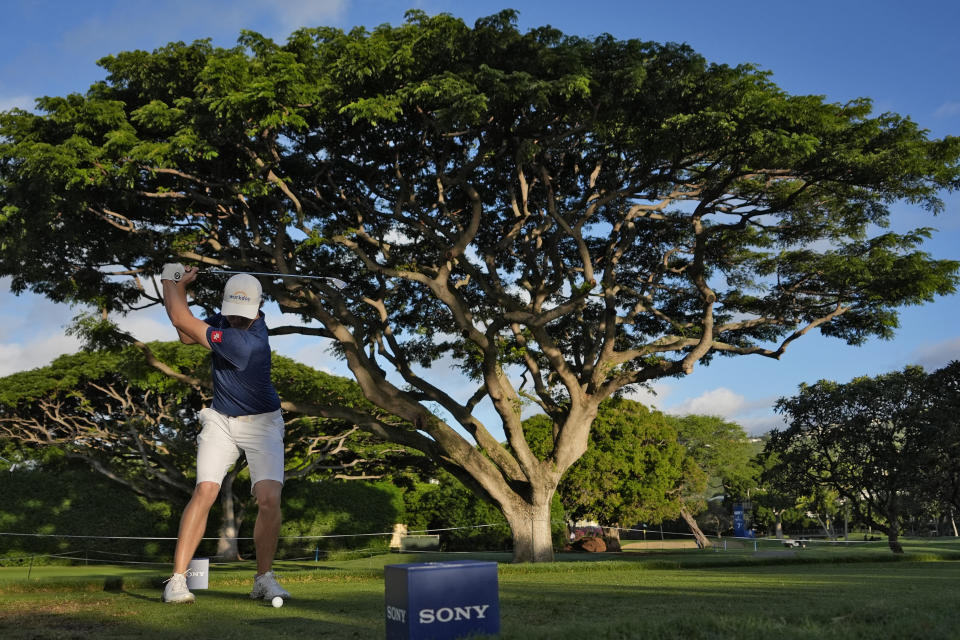 Matt Fitzpatrick hits from the fourth tee during the pro-am round at the Sony Open golf event, Wednesday, Jan. 10, 2024, at Waialae Country Club in Honolulu. (AP Photo/Matt York)