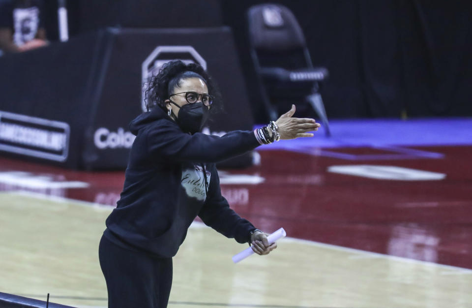 South Carolina head coach Dawn Staley yells directions during the first half of an NCAA college basketball game against Mississippi in Columbia, S.C., Thursday, Feb. 25, 2021. (Tracy Glantz/The State via AP)