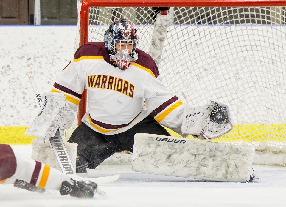 Walsh Jesuit goalie Tavian Parks makes a glove save during the Warriors' Division I district quarterfinal against Hudson Wednesday at the Kent State Ice Arena.