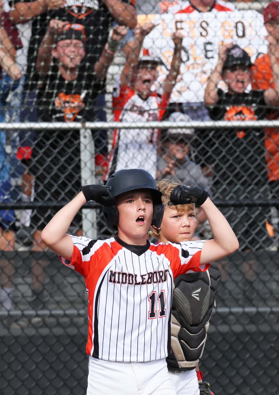 Middleboro 12U Nationals Mike Marzelli scores the games first run versus Bangor East, Maine at Bartlett Giamatti Little League Leadership Training Center in Bristol, Connecticut for the New England Regional tournament on Thursday, August 11, 2022.