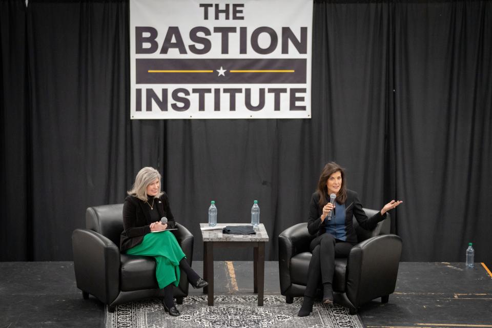 Senator Joni Ernst (R-IA) and GOP Presidential candidate Nikki Haley discuss foreign policy at an event hosted by the Bastion Institute in Clive, Friday, March 10, 2023. 