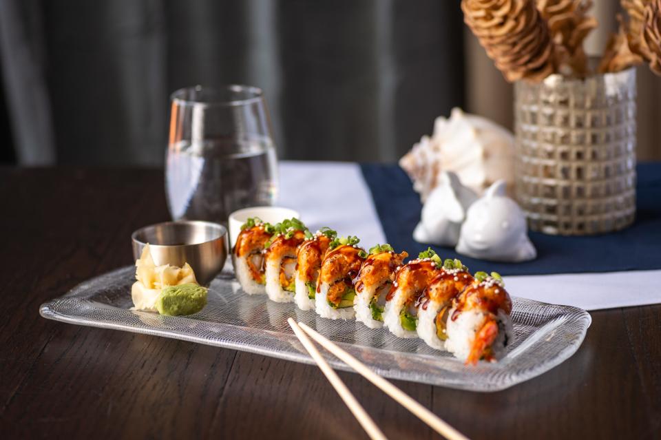 Corvina's Pacaya Volcano Roll is layered with crispy shrimp, avocado, flame-torched spicy tuna and lava sauce.