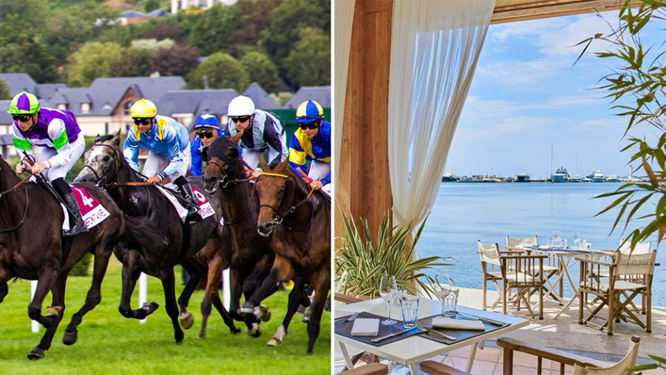 Polo match in Deauville, Normandy (left); views from Hotel Belle Rives on the French Riviera