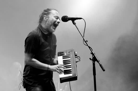 Thom Yorke plays on his tiny keyboard at Coachella,  April 21, 2017.