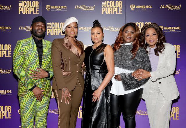 <p>Arturo Holmes/The Hollywood Reporter via Getty</p> From left: Director Blitz Bazawule, Fantasia Barrino, Taraji P. Henson, Danielle Brooks and Oprah Winfrey on Dec. 11, 2023.