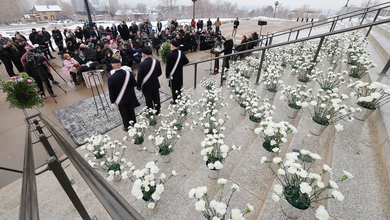 White carnations representing each of the 1,746 unborn babies that were aborted in Utah in 2022 are displayed during an anti-abortion memorial service at the Capitol in Salt Lake City on Wednesday, Jan. 25, 2023.