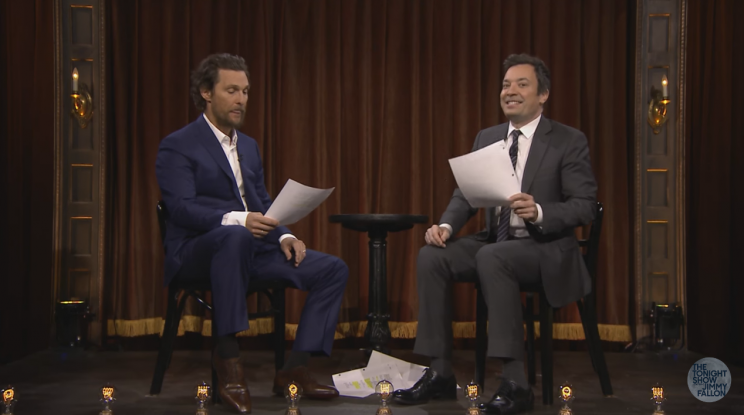 Matthew McConaughey and Jimmy Fallon read a script penned by Ontario’s Leo Chicoine on 'The Tonight Show.' Photo from YouTube.