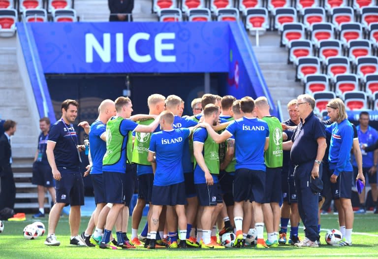 Iceland team members gather for a training session at the Allianz Riviera stadium in Nice on June 26, 2016, the eve of their Euro 2016 round of 16 match against England