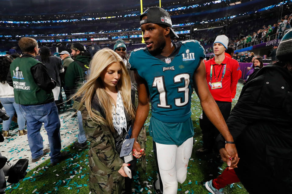 <p>Nelson Agholor #13 of the Philadelphia Eagles celebrates with girlfriend Viviana Volpicelli after his teams 41-33 win over the New England Patriots in Super Bowl LII at U.S. Bank Stadium on February 4, 2018 in Minneapolis, Minnesota. The Philadelphia Eagles defeated the New England Patriots 41-33. (Photo by Kevin C. Cox/Getty Images) </p>