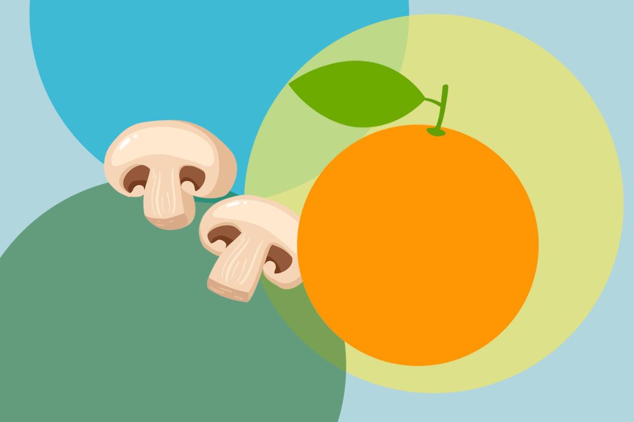 illustration of mushrooms and an orange