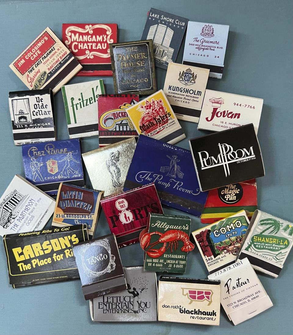 This undated image shows a collection of matchbooks. Chances are if you’ve been to a great restaurant, bar or hotel, you’ve snagged a coaster, matchbook, napkin or card key. Mementoes like these help us remember a fun experience. (Elaine Markoutsas via AP)