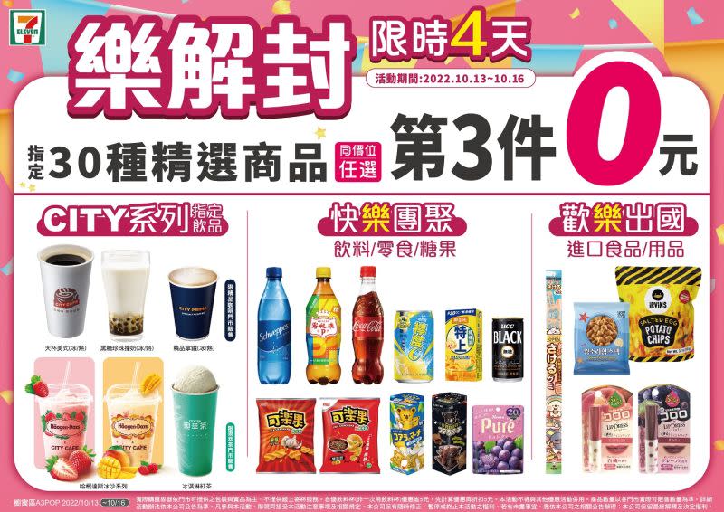 ▲7-11今日起限時四天慶祝解封，超過30款指定商品「第3件0元」，等於全面6.7折。（圖／業者提供）