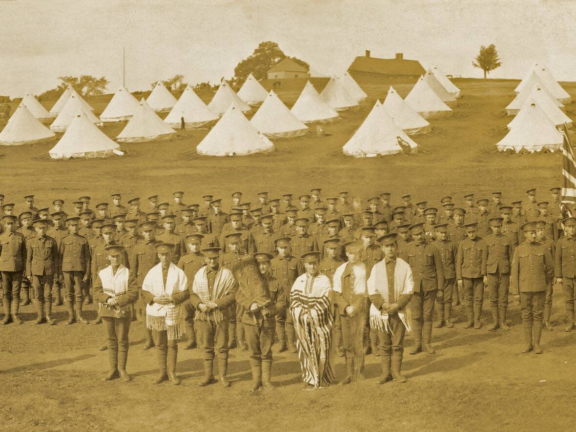 Members of the Jewish Legion are shown at Fort Edward in Windsor, N.S., in this Sept. 17, 1918, photo from the First World War. In the background are the bell tents they would have slept in.  (Submitted by the Army Museum Halifax Citadel - image credit)