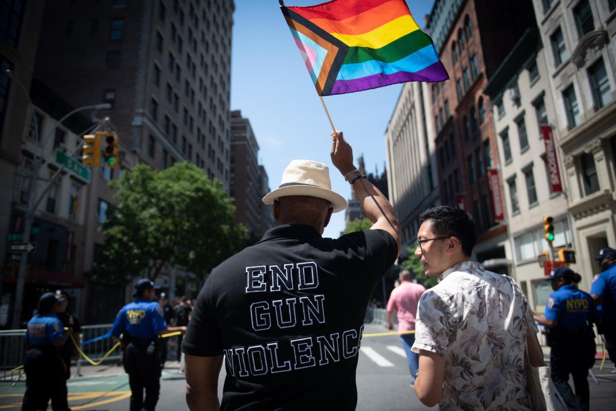 Mayor Eric Adams marches in New York City's pride Parade celebrating the LGBTQIA+ community on Sunday, June 26, 2022.