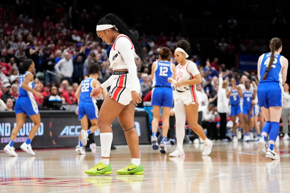 Mar 24, 2024; Columbus, OH, USA; Ohio State Buckeyes forward Cotie McMahon (32) walks off the court following the women’s NCAA Tournament second round against the Duke Blue Devils at Value City Arena. Ohio State lost 75-63.