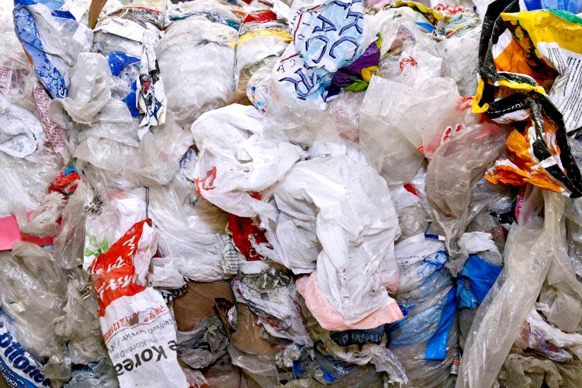 Detail of a bail of plastic bags containing thousands to be recycled out of the country, at the Burbank Recycle Center in Burbank on Friday, August 30, 20113. The city of Burbank is considering a ban on plastic bags. (Raul Roa/Staff Photographer)