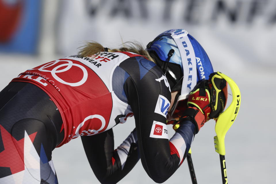 United States' Mikaela Shiffrin reacts after winning an alpine ski, women's World Cup slalom, in Are, Sweden, Sunday, March 10, 2024. (AP Photo/Alessandro Trovati)