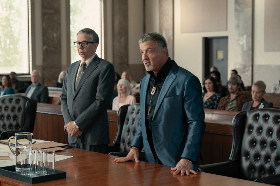 L-R: Brent Duncan as Frank Henstock and Sylvester Stallone as Dwight "The General" Manfredi   of the Paramount+ original series TULSA KING. Photo Credit: Brian Douglas/Paramount+. © 2024 Viacom International Inc. All Rights Reserved.