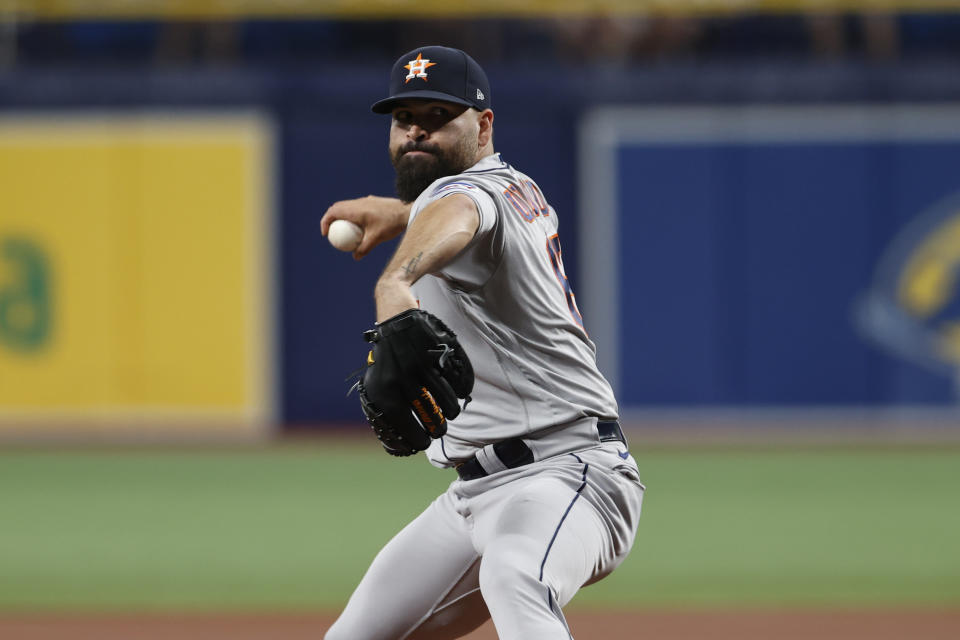 Houston Astros starting pitcher Jose Urquidy throws to a Tampa Bay Rays batter during the first inning of a baseball game Monday, April 24, 2023, in St. Petersburg, Fla. (AP Photo/Scott Audette)