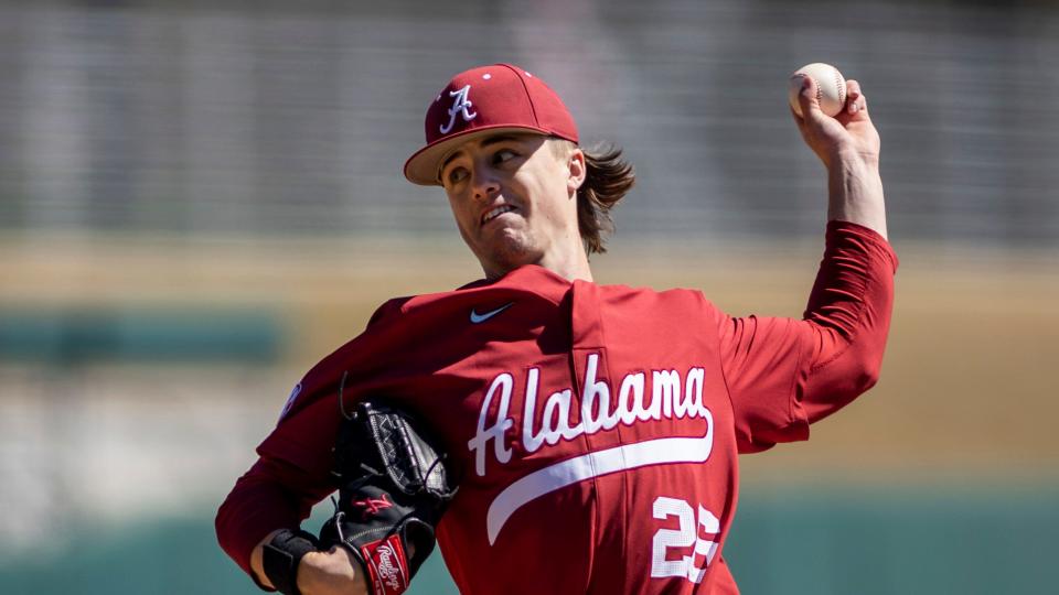 Alabama pitcher Grayson Hitt (26) during an NCAA baseball game on Sunday, March 13, 2022, in Tuscaloosa, Ala.