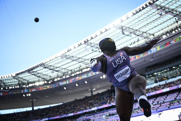 Raven Saunders in the shot put qualifying round at the Paris Olympics.