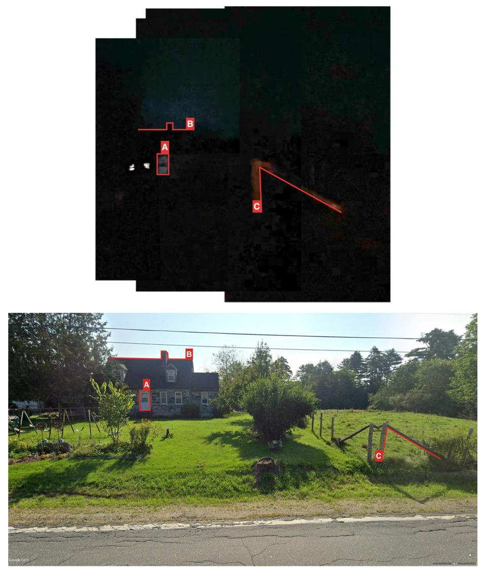 A composite image shows 941 Meadow Road in Bowdoin, Maine, created from a video shared to Telegram by NSC-131 leader Christopher Hood on Oct. 28, 2023. Below: Identical features appear in <a href="https://earth.google.com/web/search/941+Meadow+Rd,+Bowdoin,+ME/@44.006821,-69.9727744,52.43820716a,734.34921946d,35y,0h,45t,0r/data=CoUBGlsSVQolMHg0Y2IyNzY1NTkyNWJiNjZmOjB4Zjg1M2Q1Nzg4MDAzYjJkYxmH9rGC3wBGQCG0mI7vQX5RwCoaOTQxIE1lYWRvdyBSZCwgQm93ZG9pbiwgTUUYAiABIiYKJAkGi2gVmFWqPhEQjGgVmFWqvhkAAABDCOW6PiEAADBACOW6vigCOgMKATA" rel="nofollow noopener" target="_blank" data-ylk="slk:Google Street View imagery;elm:context_link;itc:0;sec:content-canvas" class="link ">Google Street View imagery</a> captured at the shooter’s registered address.