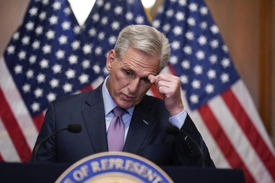 Rep. Kevin McCarthy, R-Calif., speaks to reporters hours after he was ousted as Speaker of the House, Tuesday, Oct. 3, 2023, at the Capitol in Washington. (AP Photo/J. Scott Applewhite)