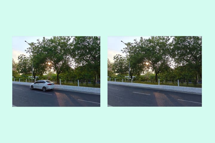 Realme's AI smart remover used to remove a moving car from an image.