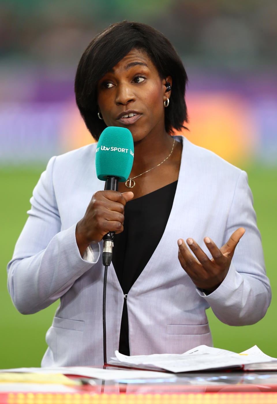 OITA, JAPAN - OCTOBER 20:  ITV  sport rugby presenter Maggie Alphonsi during the Rugby World Cup 2019 Quarter Final match between Wales and France at Oita Stadium on October 20, 2019 in Oita, Japan. (Photo by Michael Steele/Getty Images)