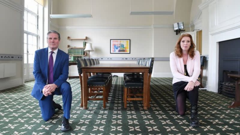 Labour leader Sir Keir Starmer previously released a picture of him taking a knee in a meeting room in parliament. (Twitter/Keir Starmer)