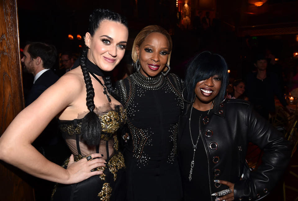 (L-R) Recording artists Katy Perry, Mary J. Blige, and Missy Elliot attend The Creators Party, Presented by Spotify, Cicada, Los Angeles at Cicada on February 13, 2016 in Los Angeles, California. Photo by John Shearer/Getty Images for Kitty Purry, Inc.