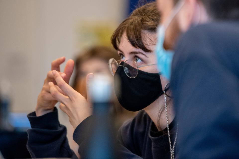 A rehearsal of Six, a musical that was shut down on what was supposed to be opening night on March 12, 2020 due to the COVID-19 pandemic. The musical is set to open later this month with an official Broadway opening on October 03, 2021. Lucy Moss, co-director and co-creator, at a rehearsal. Photographed at New 42nd Street Studios in New York City, NY on Tuesday September 07, 2021.