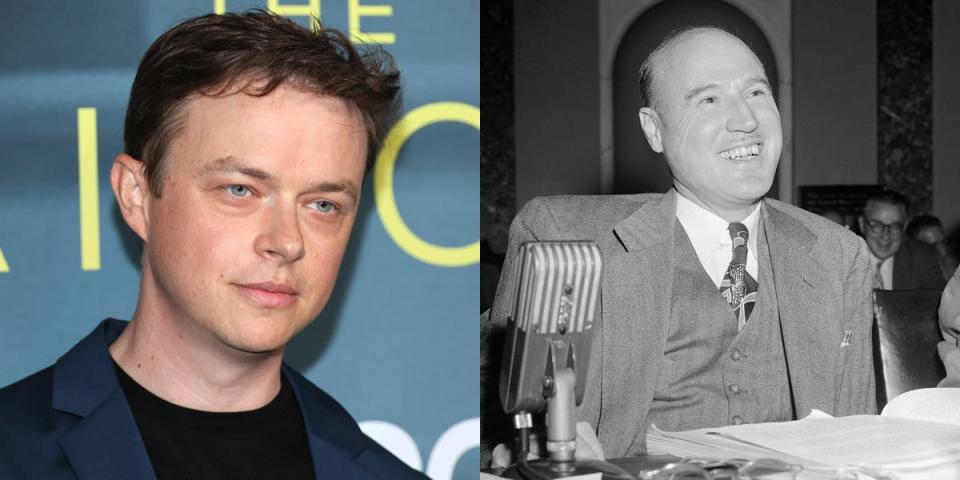 Dane DeHaan next to a photo of Kenneth Nichols, who he plays in "Oppenheimer."