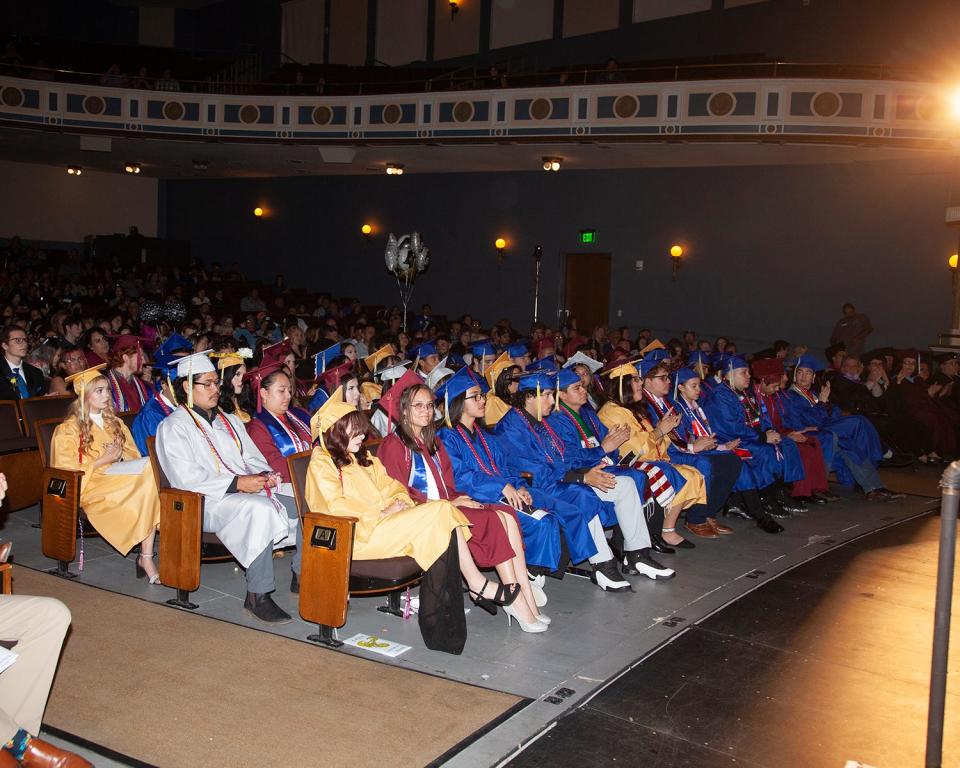 Dolores Huerta Preparatory High School students during the 2023 graduation ceremony at Memorial Hall on May 19.