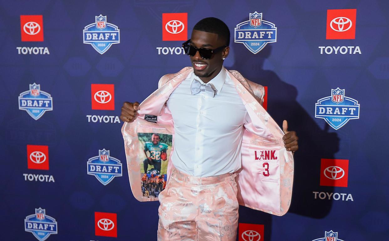 NFL draft prospect Terrion Arnold, a cornerback who played at Alabama, walks the red carpet for NFL draft day at the Fox Theatre in Detroit on Thursday, April 25, 2024.