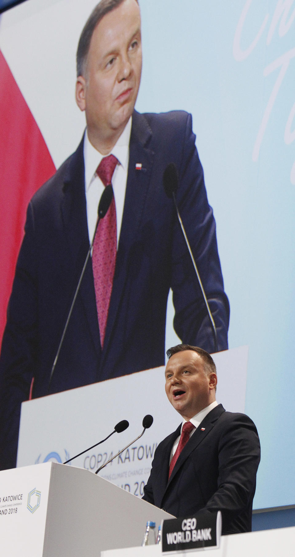 Poland's President Andrzej Duda addresses representatives of almost 200 nations during a ceremonial opening of the key U.N. climate conference that is to agree on ways of fighting global warming in Katowice, Poland, Monday, Dec. 3, 2018.(AP Photo/Czarek Sokolowski)