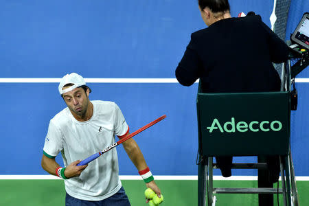 Belgium Tennis - Belgium v Italy - Davis Cup Quarterfinals World Group - Spiroudome, Charleroi, Belgium - 9/4/17. Italy's Paolo Lorenzi reacts during his singles match against Belgium's David Goffin. REUTERS/Eric Vidal