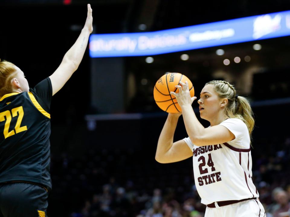 Missouri State Lady Bears freshman Kaemyn Bekemeier shoots. Afield goal during an exhibition game vs. the Missouri Western Griffons at Great Southern Bank Arena on Wednesday, Nov. 1, 2023.