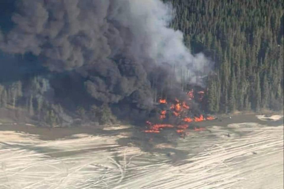 Pictures showed a flaming wreckage, with a tall plume of smoke rising into the area, near to the Tanana River (AP)