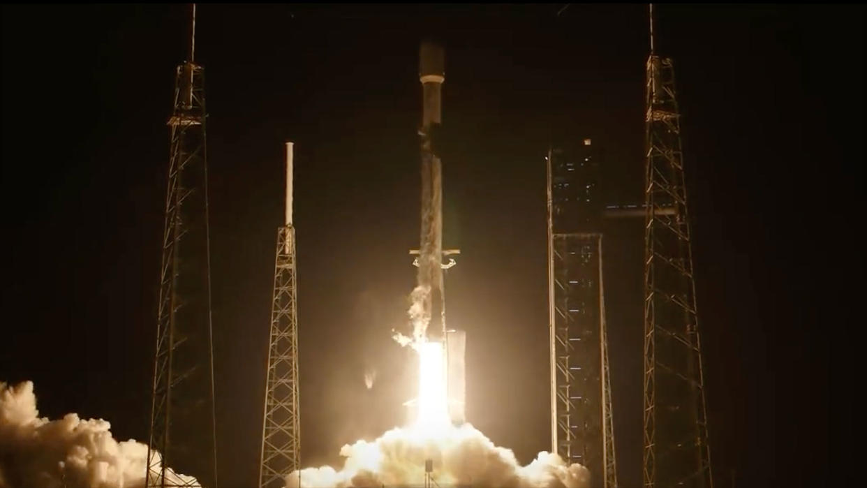  A SpaceX Falcon 9 rocket carrying 23 Starlink satellites launches from Complex 40 (SLC-40) at Cape Canaveral Space Force Station in Florida on Friday, April 12, 2024. 