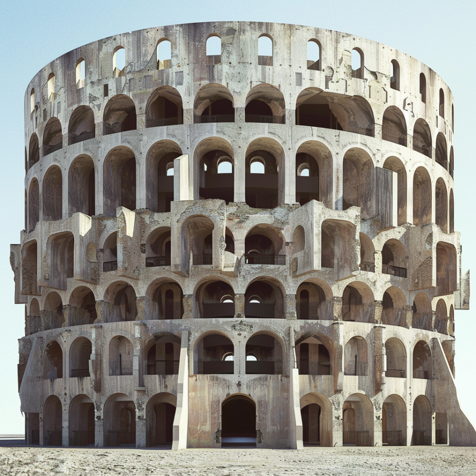 Digitally rendered structure resembling the Colosseum in a dilapidated state, standing alone